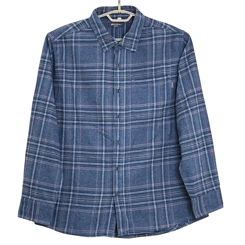 Eddie Bauer Mens Button Down Flannel Shirt XL Blue Plaid Long Sleeve EMT4554S